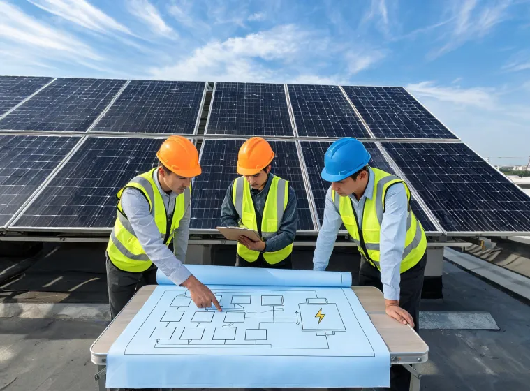 Solar inverter project team reviewing an electrical design